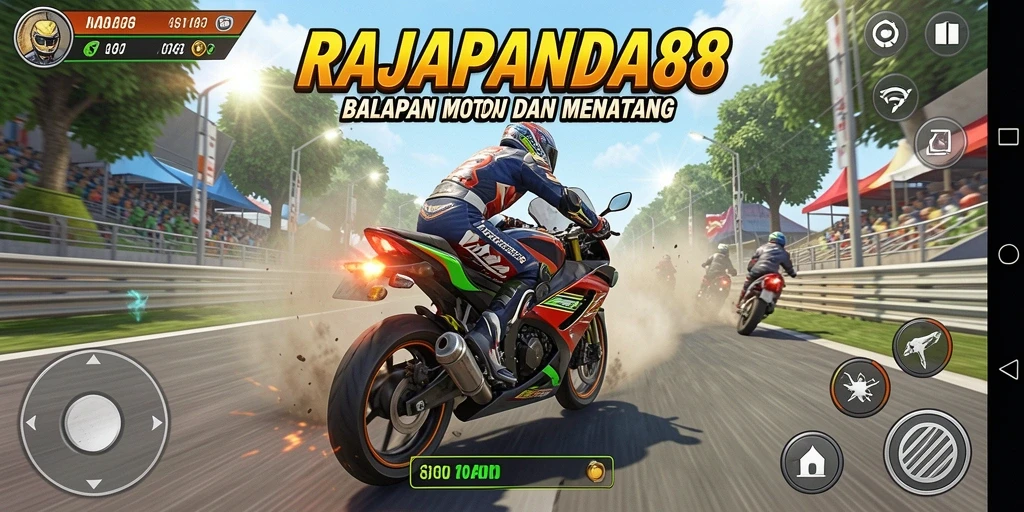 Tampilan seru gameplay RAJAPANDA88 dengan aksi balapan motor yang mendebarkan.